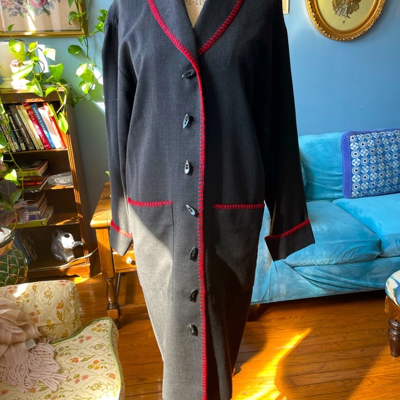 Dana Buchman button down dark gray with red trim light wool long spring jacket - Picture 1 of 14